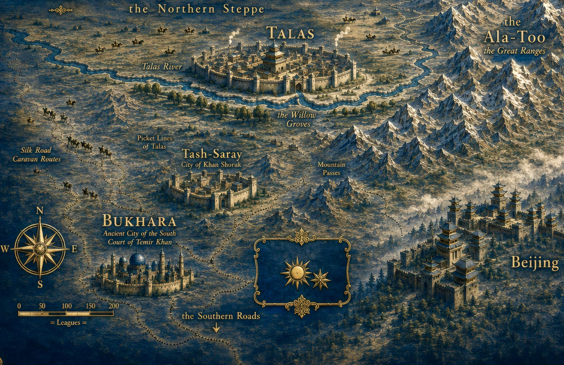 The World of Manas — illustrated map: Talas, Bukhara, Tash-Saray, the Ala-Too ranges, the roads to Beijing